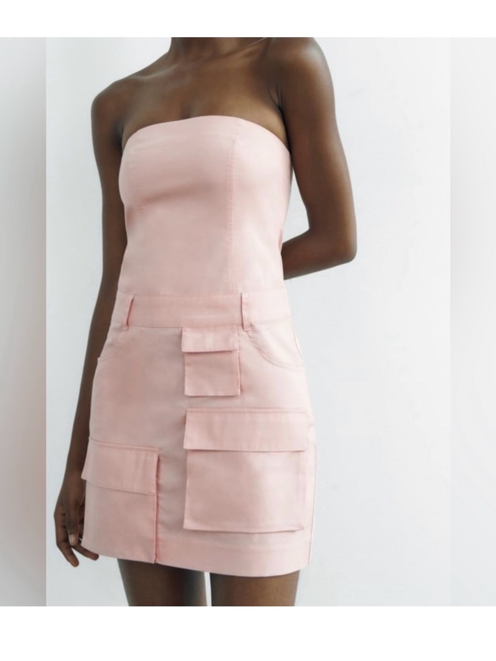 Zara Blush Pink Strapless Gabardine Cargo Dress - Size L